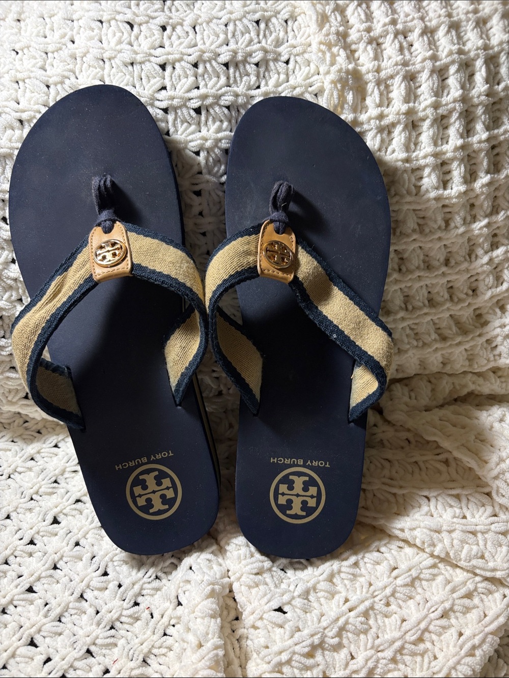 Tory Burch Navy and Tan Flip Flops